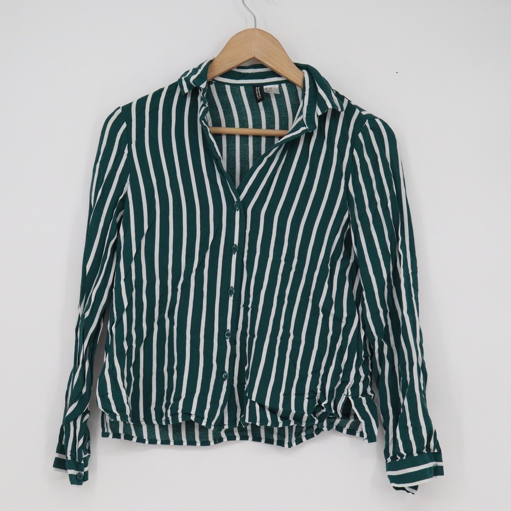 H&M Divided Green White Striped Button Up Blouse Viscose 3XS